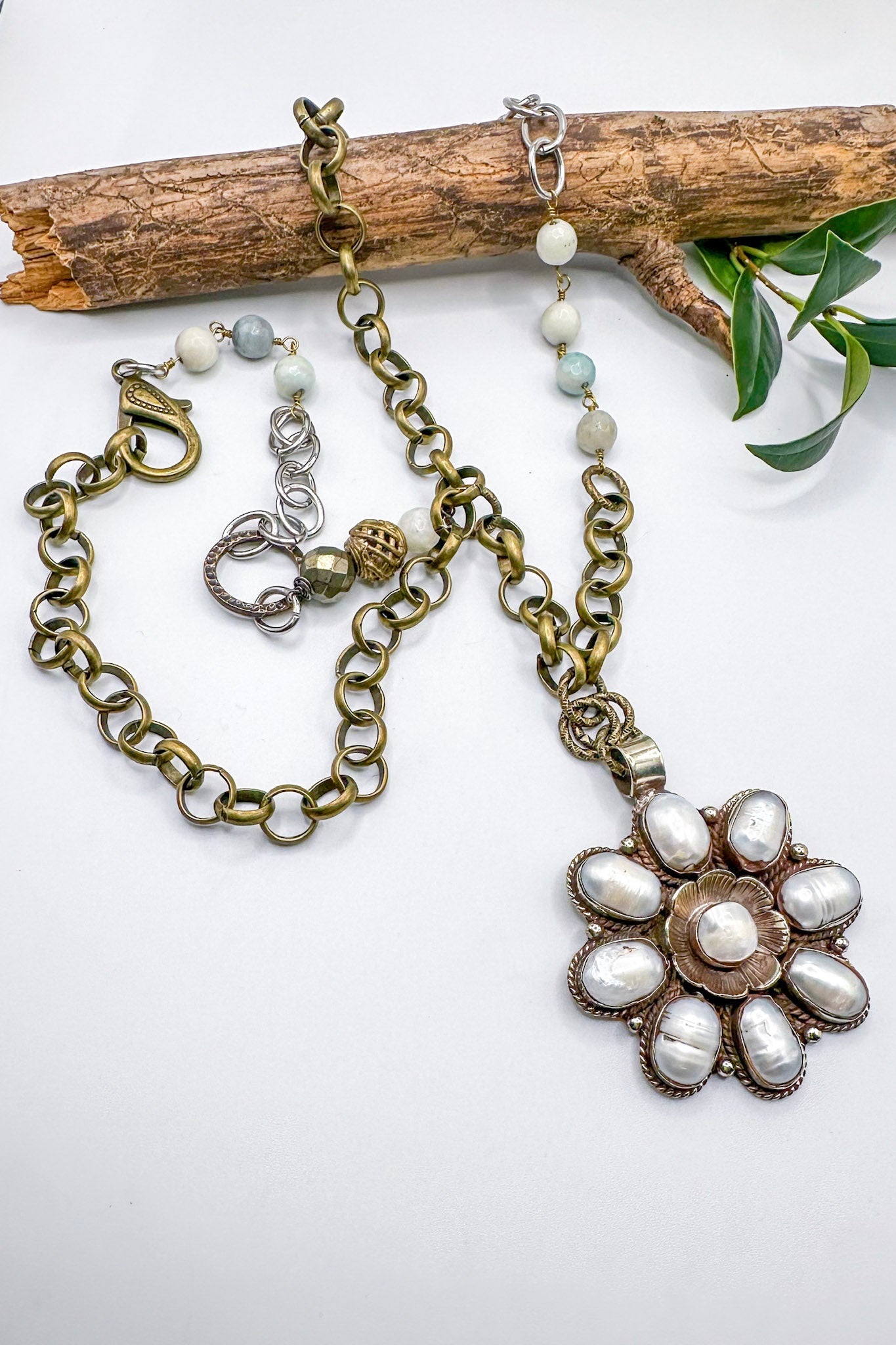 Statement Long Soldered Gemstone Pendant Necklace in Pearl Flower