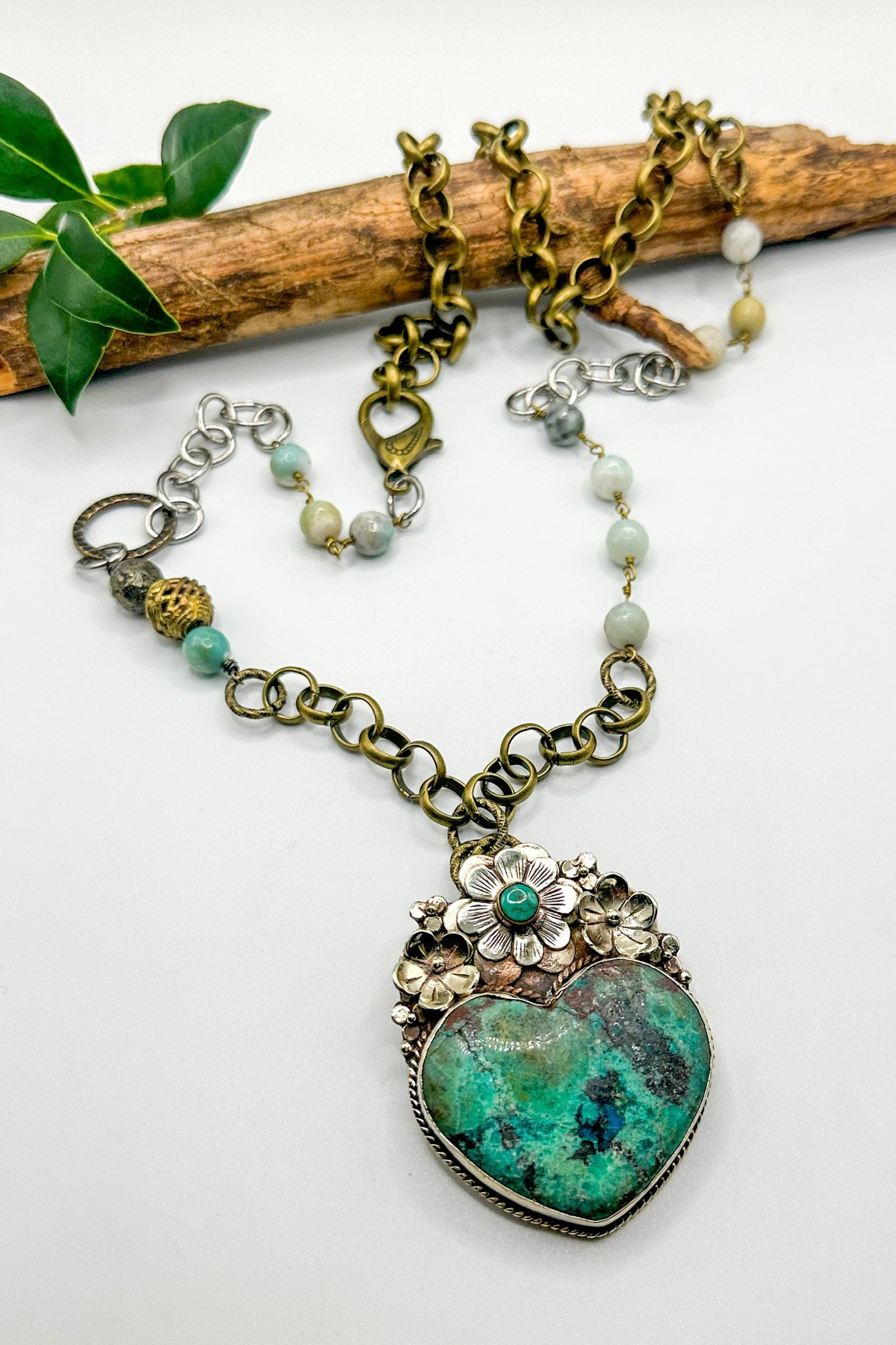 Spirit Lala Vintage Coin: Statement Long Soldered Gemstone Pendant Necklace in Turquoise Heart