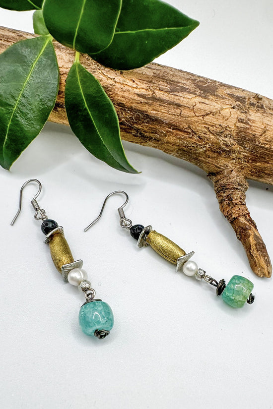 Spirit Lala Vintage Coin: Turquoise Beaded Gem Brass Drop Earrings