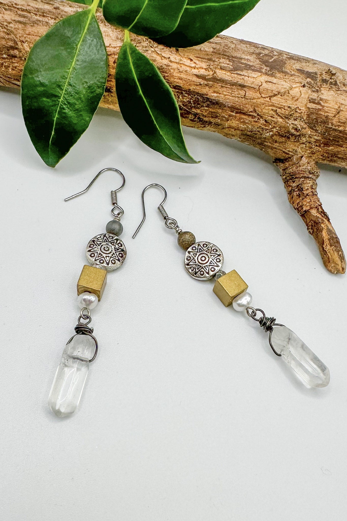 Spirit Lala Vintage Coin: Beaded Gem Quartz Drop Earrings