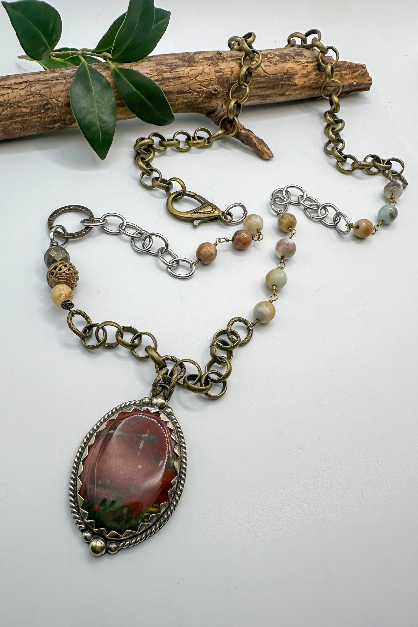 Spirit Lala Vintage Coin: Statement Long Soldered Gemstone Pendant Necklace in Red Jasper