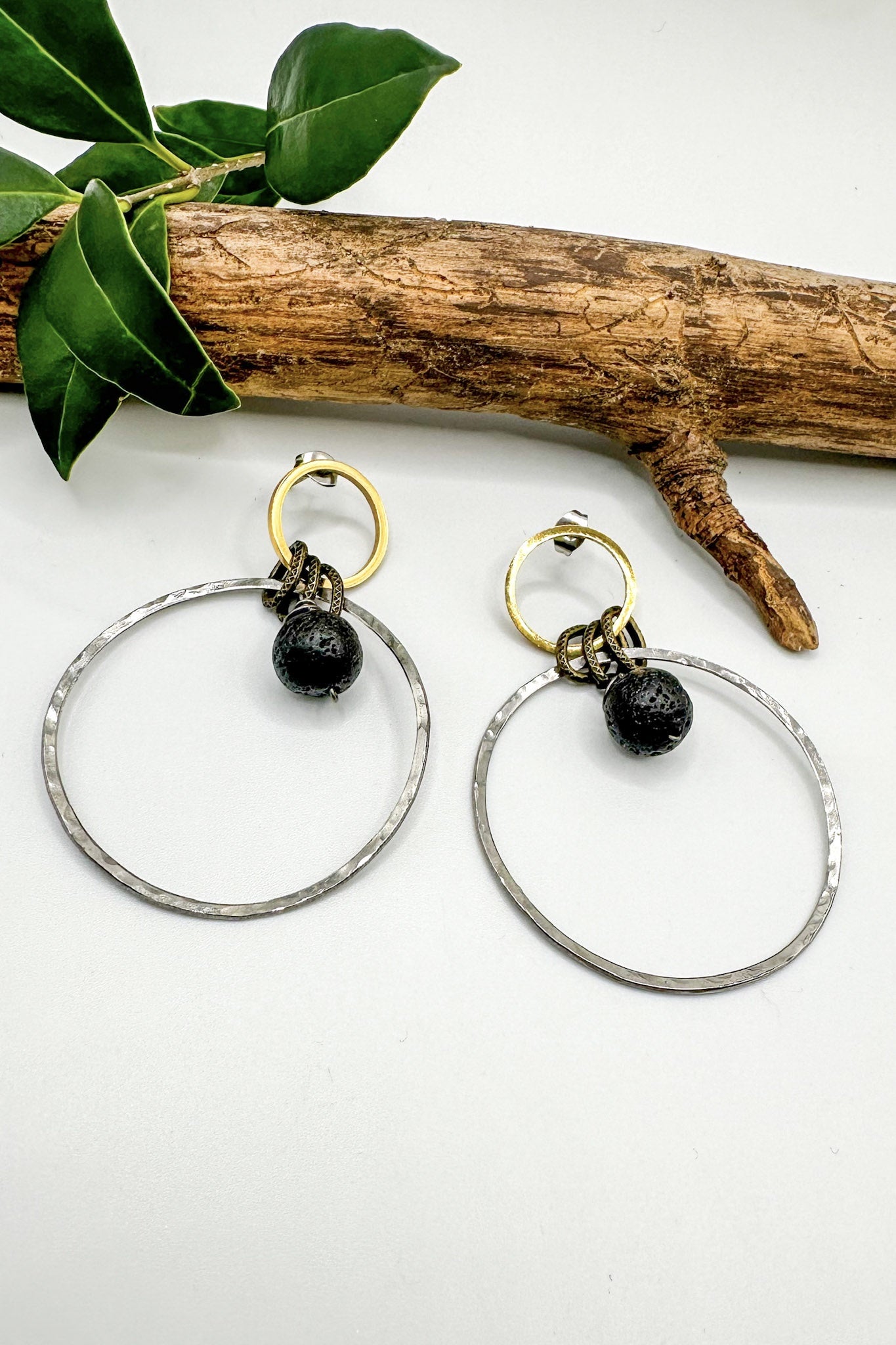 Spirit Lala Boho: 2 Circle Gold & Silver Earrings in Lava Stone