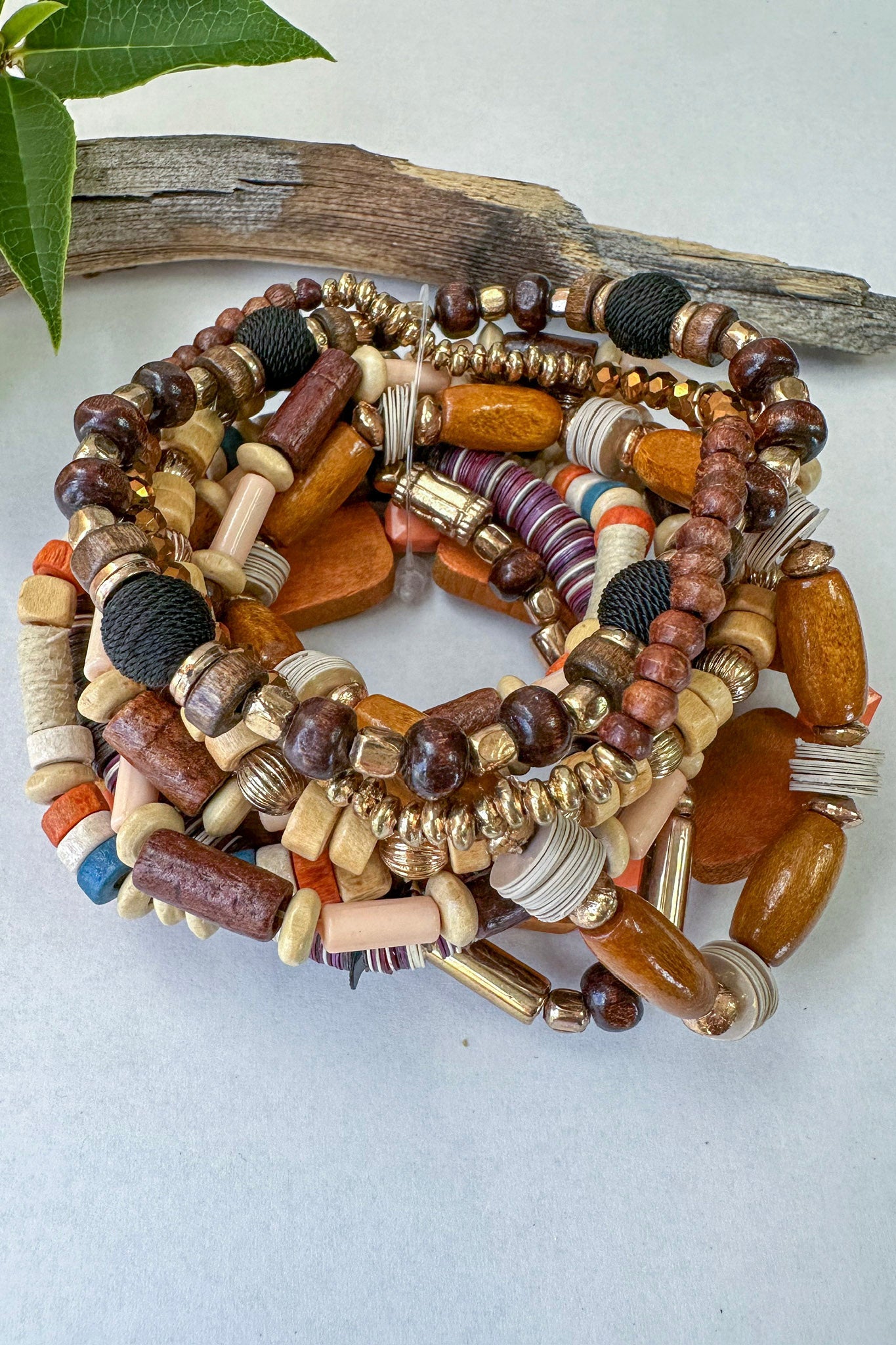 Chunky Mix Gemstone Beaded Bracelets in Mix Wood