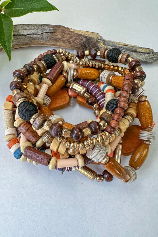 Chunky Mix Gemstone Beaded Bracelets in Mix Wood