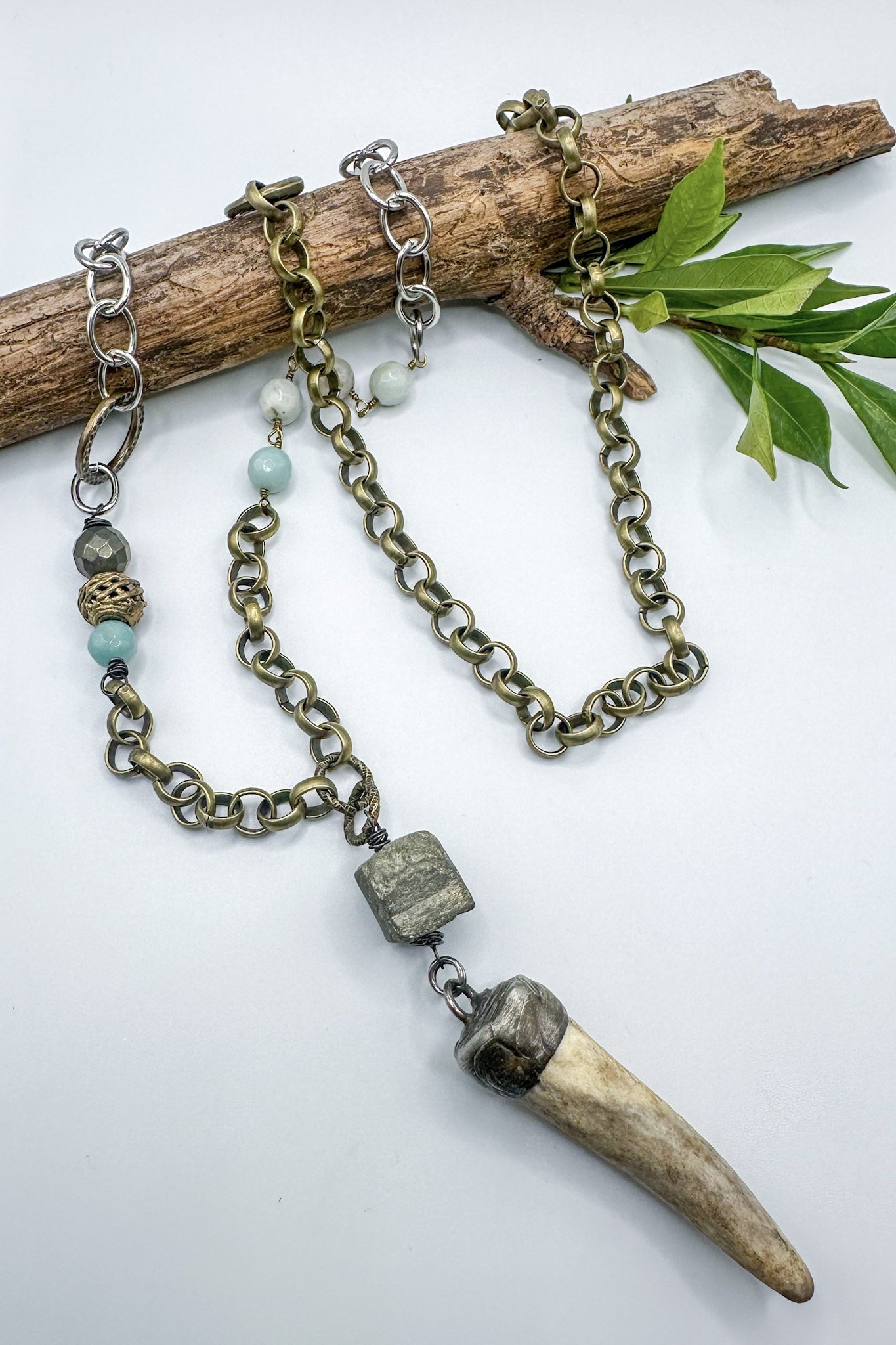 Spirit Lala Vintage Coin: Statement Pyrite Bone Horn Drop Necklace