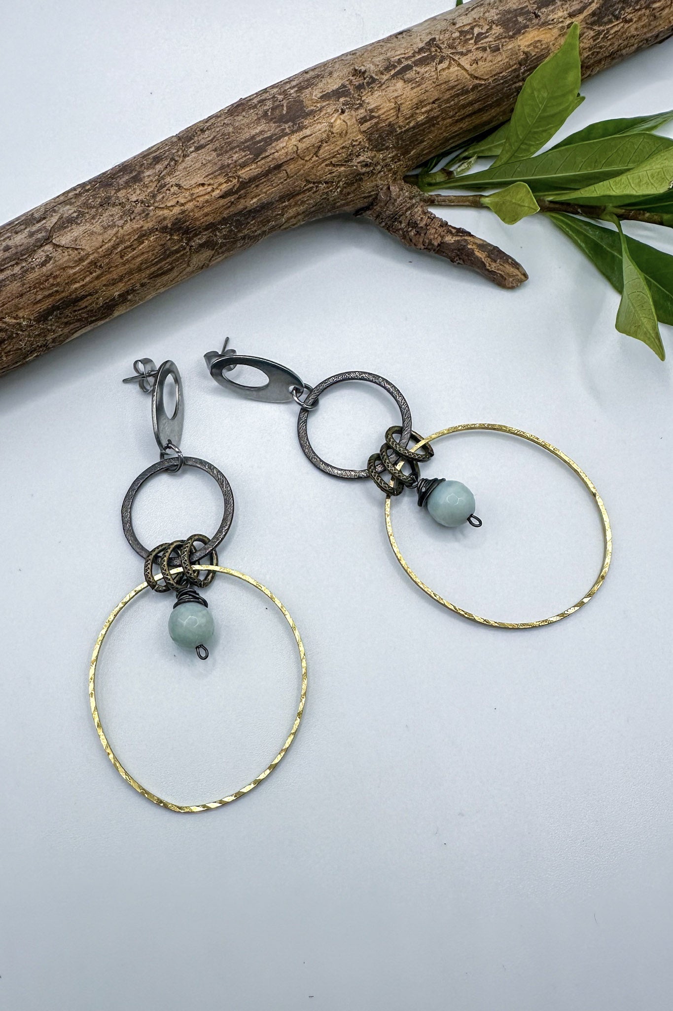 Spirit Lala Boho: Oval Top Silver & Gold 2 Circle Earrings in Prehnite