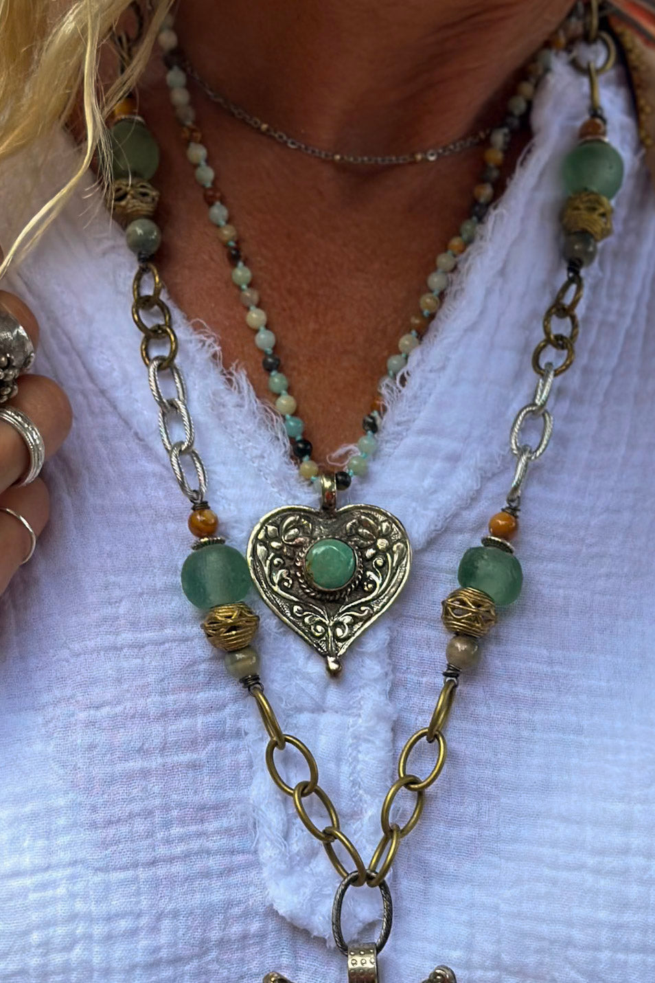 Spirit Lala Vintage Coin: Jade Heart Beaded Necklace