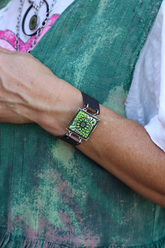 Spirit Lala: Green Brown Flower Art Cuff Bracelet