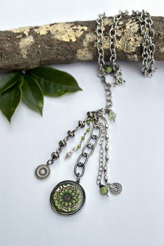 Spirit Lala: Rustic Chain Drop Green Brown Flower Art Pendant Necklace