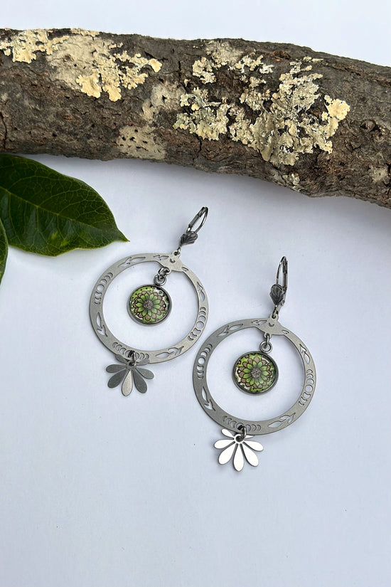 Spirit Lala: Green Brown Flower Circle Leaf Drop Earrings