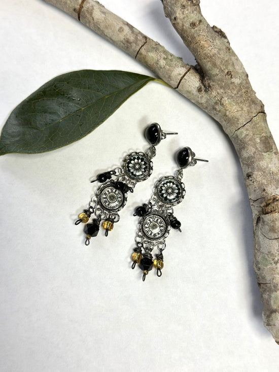 Spirit Lala: Grey Black Flower 3 Circle Beaded Earrings