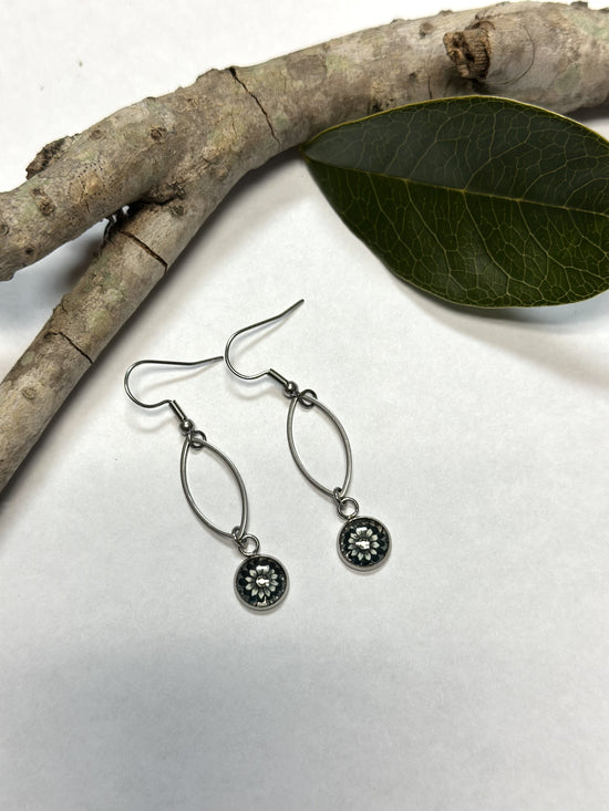 Spirit Lala: Grey Black Flower Marquise Drop Earrings