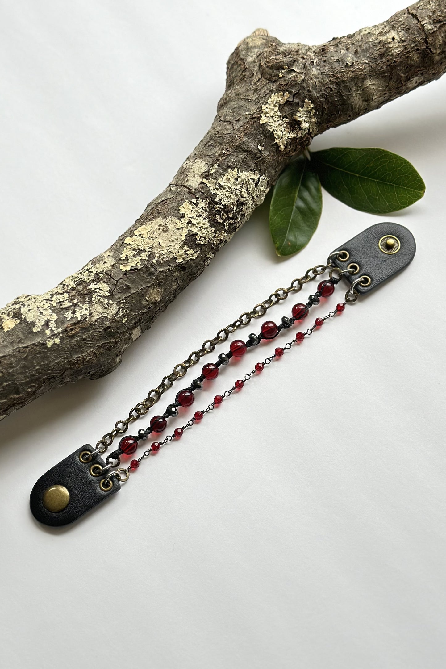 Spirit Lala Boho: 3 Layer Gemstone Leather Snap Bracelet in Ruby