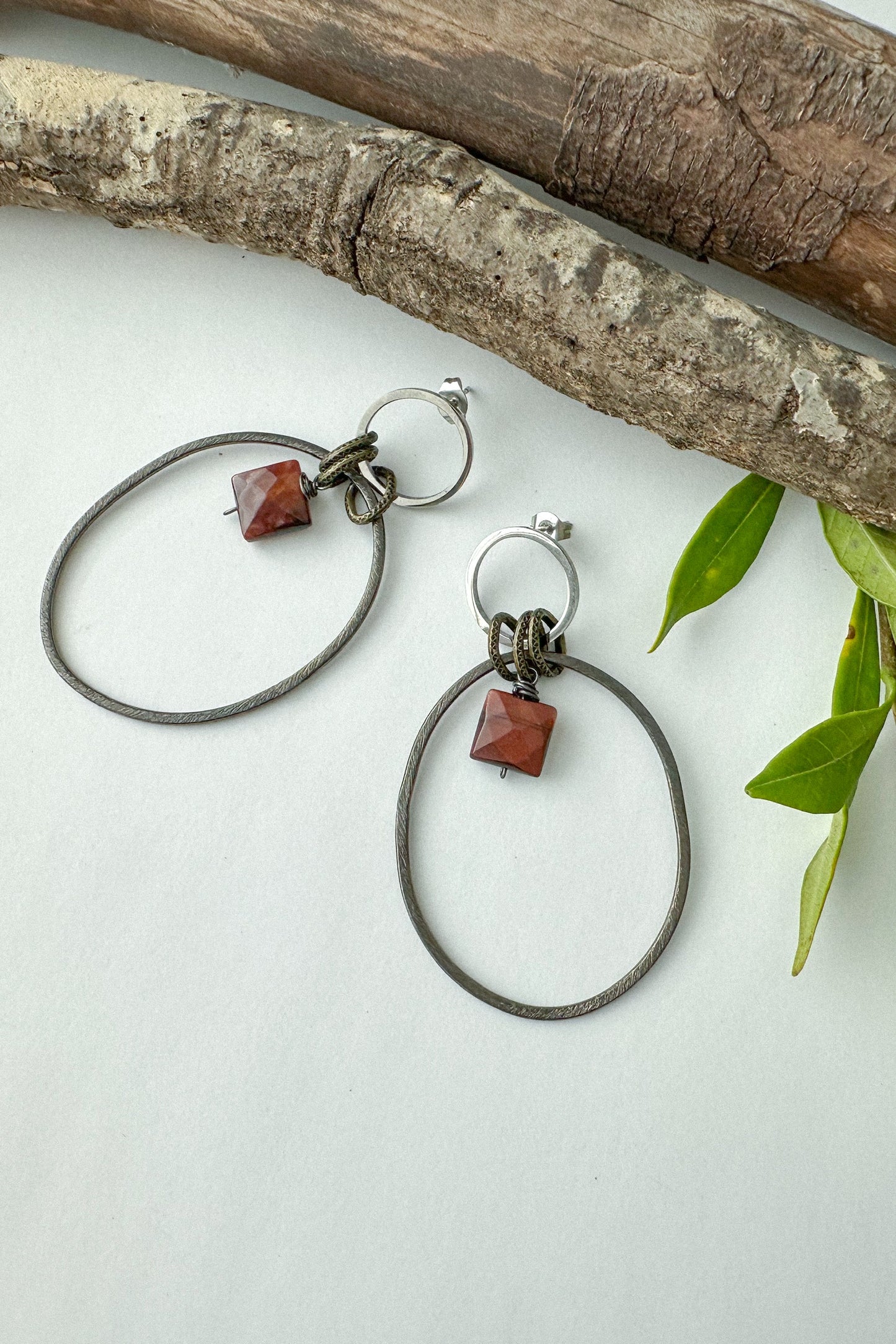 Spirit Lala Boho: 2 Circle Silver & Black Earrings in Red Tiger's Eye