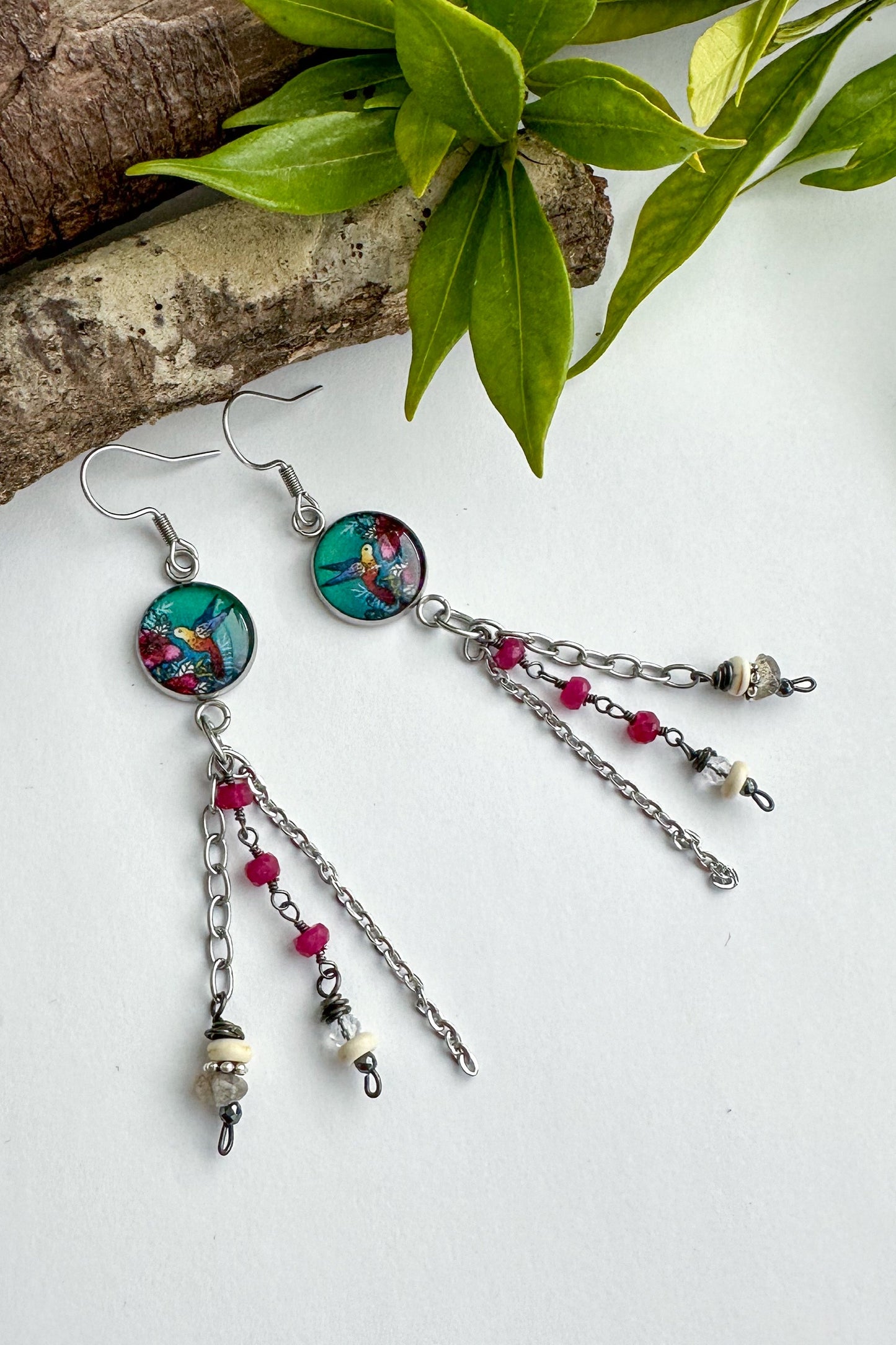 Spirit Lala: Tri-Drop Chain Earrings in Hummingbird