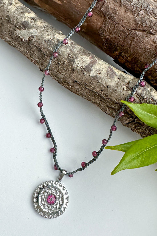 Spirit Lala: Medallion Mandala Crochet Necklace in Pink Flower