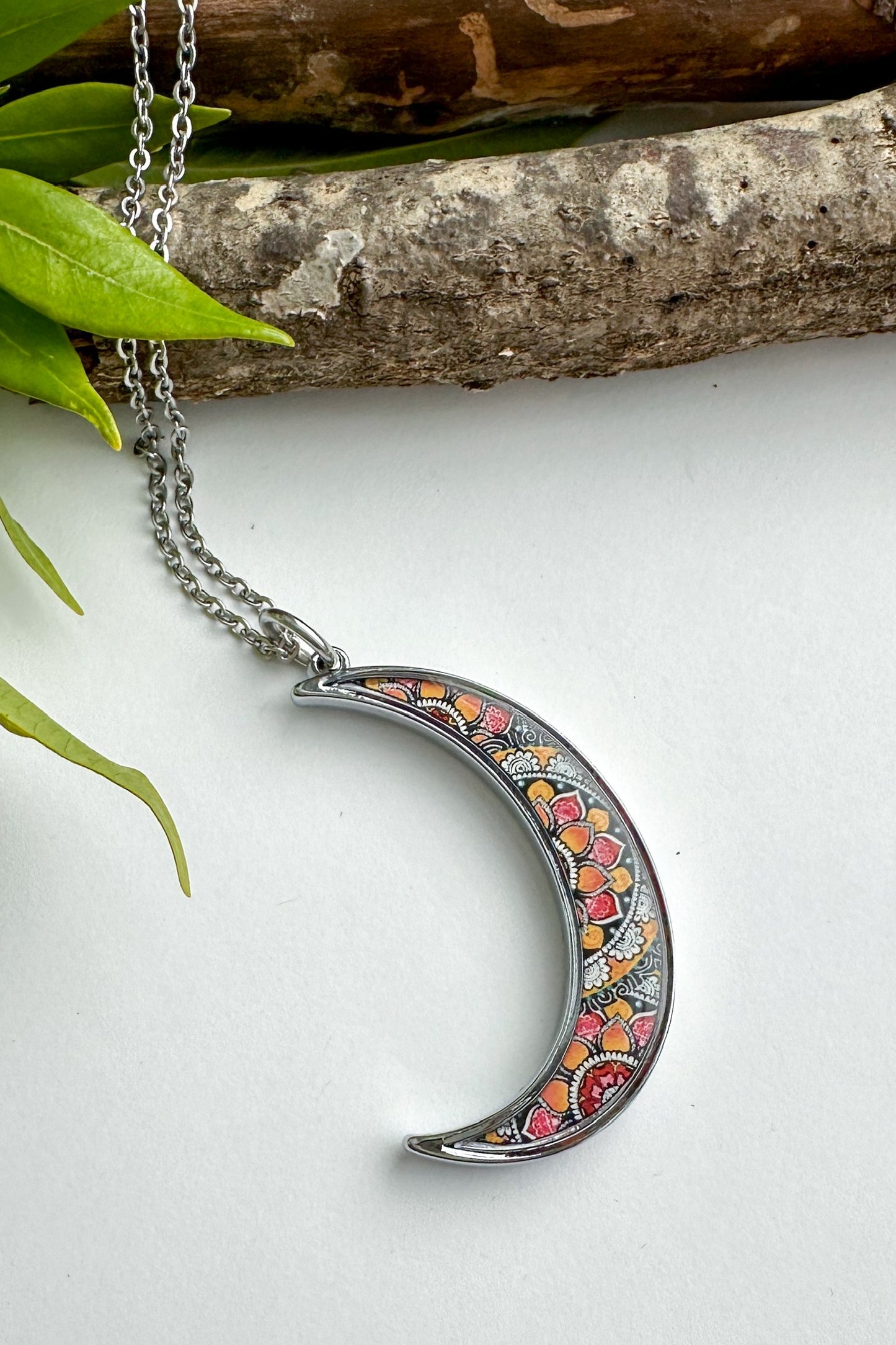 Spirit Lala: Crescent Moon Mandala Print Pendant Necklace in Pink & Orange Mandala