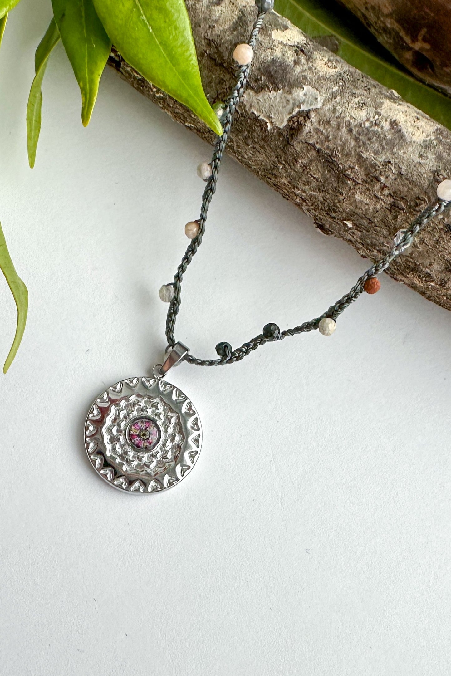 Spirit Lala: Medallion Mandala Crochet Necklace in Pink