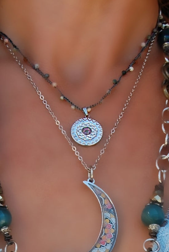 Spirit Lala: Medallion Mandala Crochet Necklace in Pink