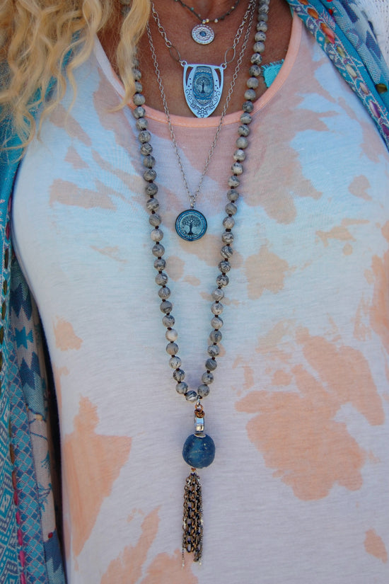 Spirit Lala: Statement Gem Dark Blue Mandala Tassel Necklace