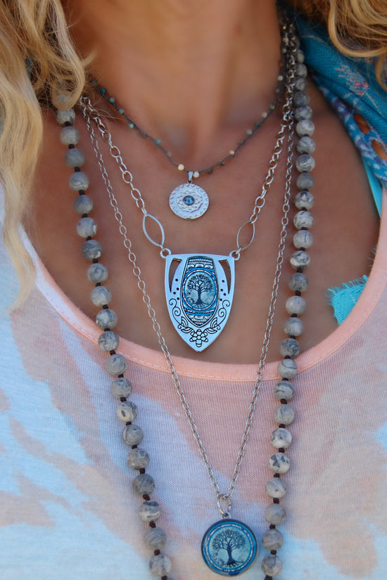 Spirit Lala: Tree of Life Dark Blue Shield Pendant Necklace