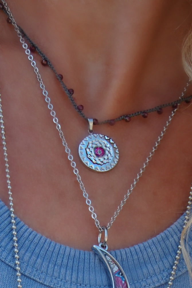 Spirit Lala: Medallion Mandala Crochet Necklace in Pink Flower