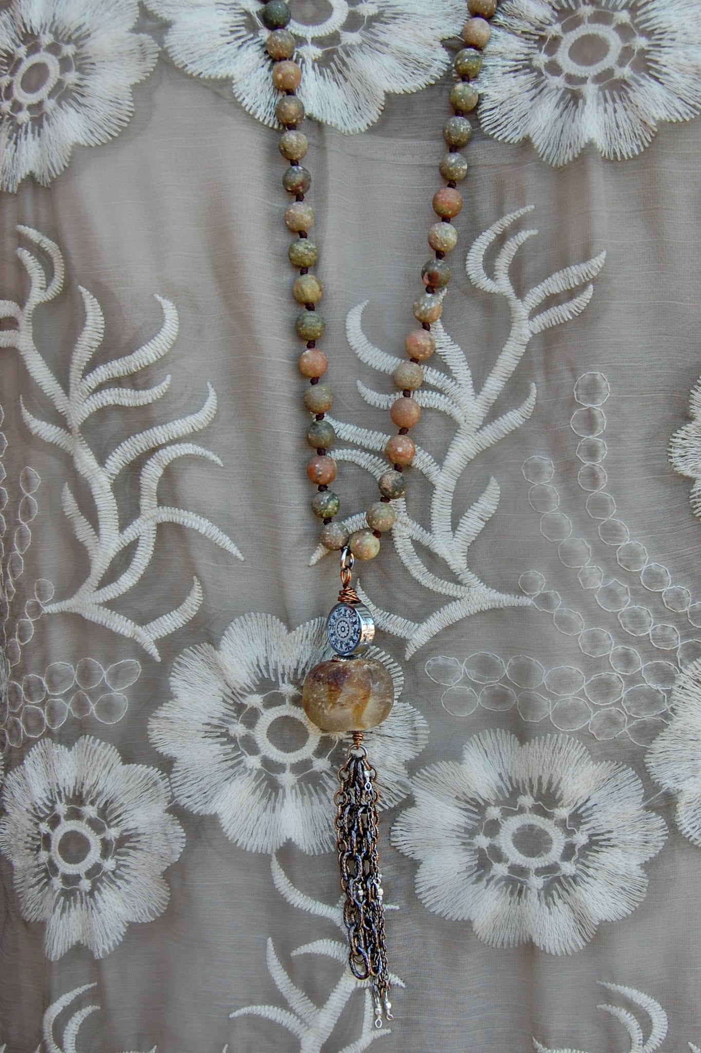 Spirit Lala: Statement Gem Taupe Mandala Tassel Necklace