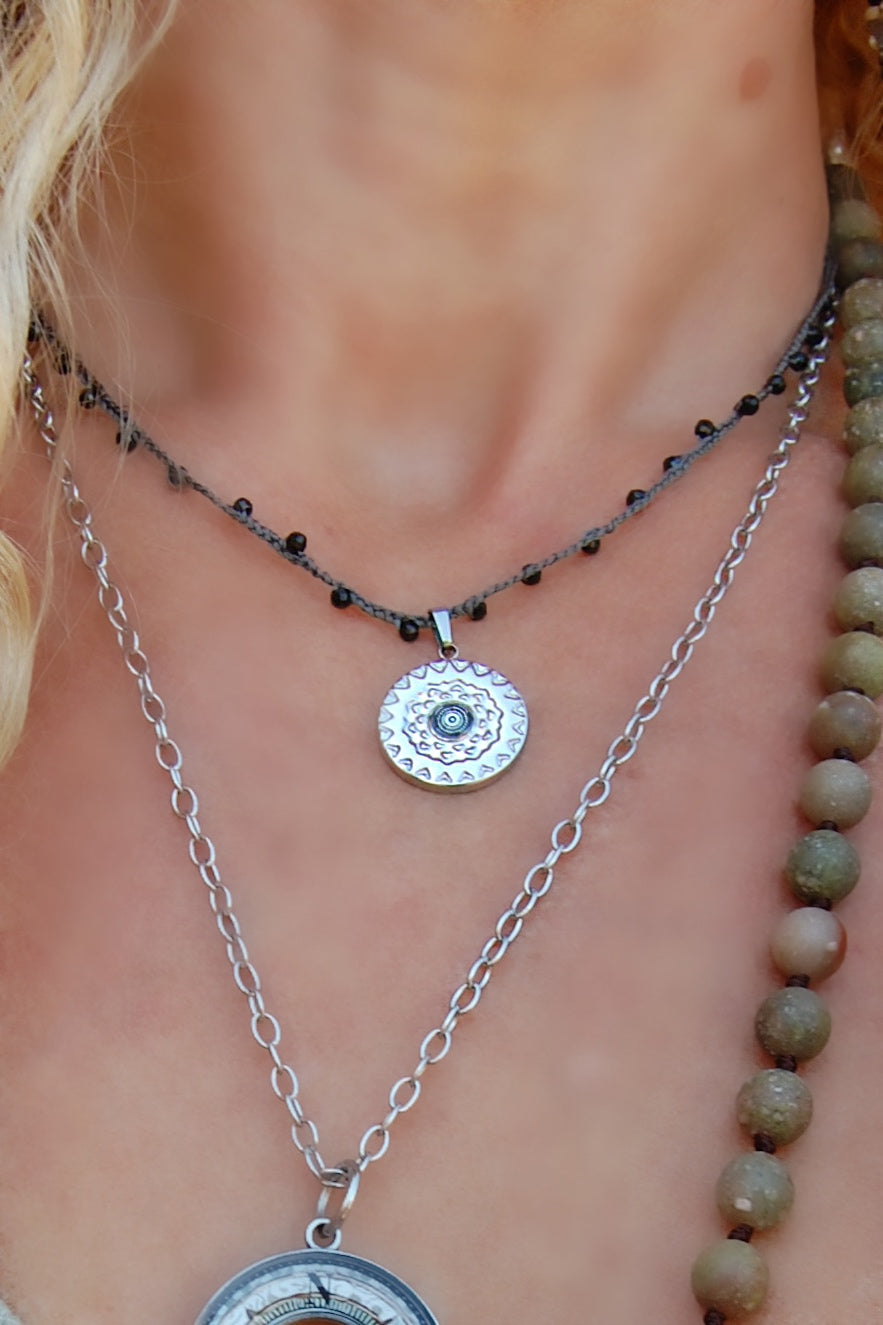 Spirit Lala: Medallion Mandala Crochet Necklace in Grey