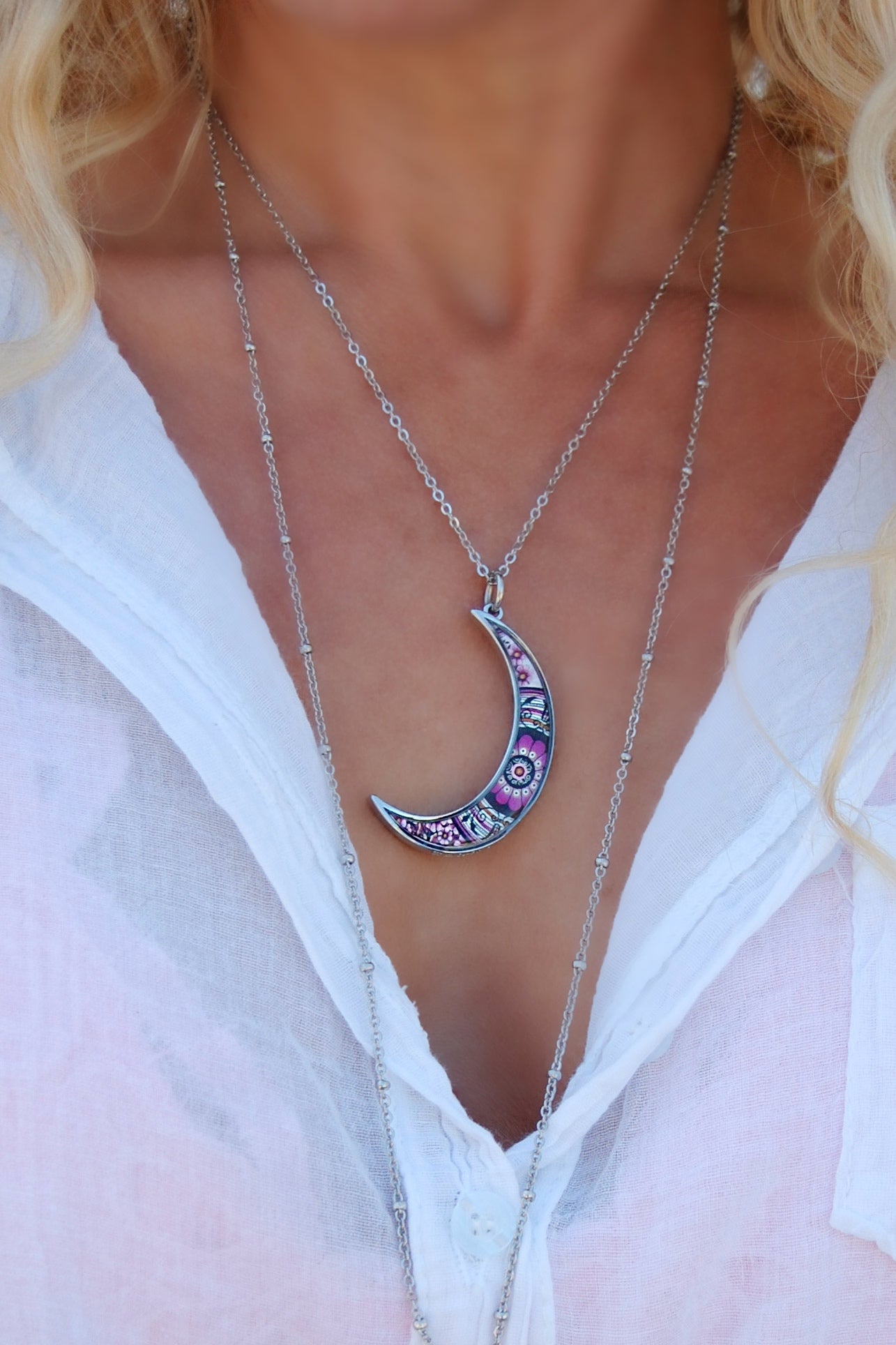Spirit Lala: Crescent Moon Fuchsia Flower Pendant Necklace