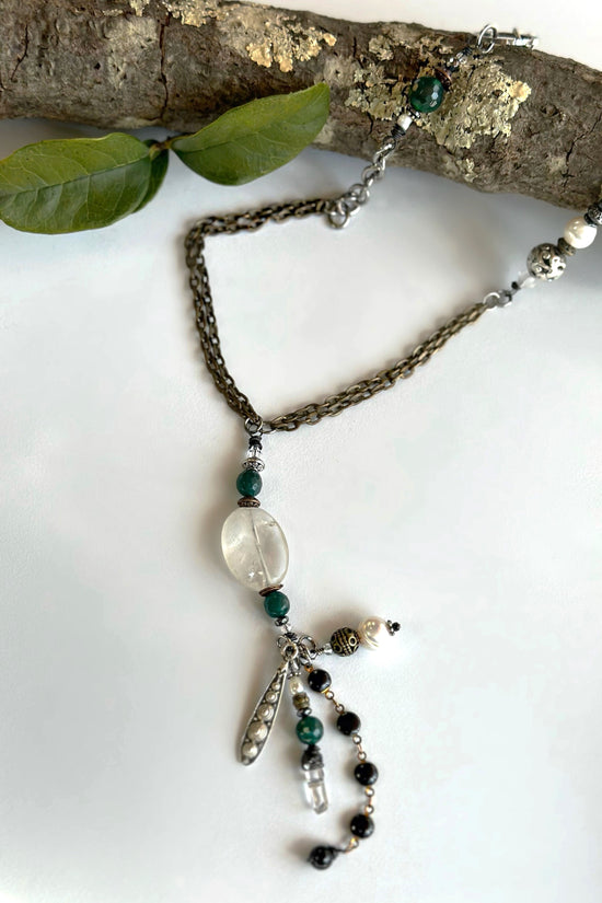 Spirit Lala Boho: Large Statement Gem Chain Drop Necklace in Forest Green