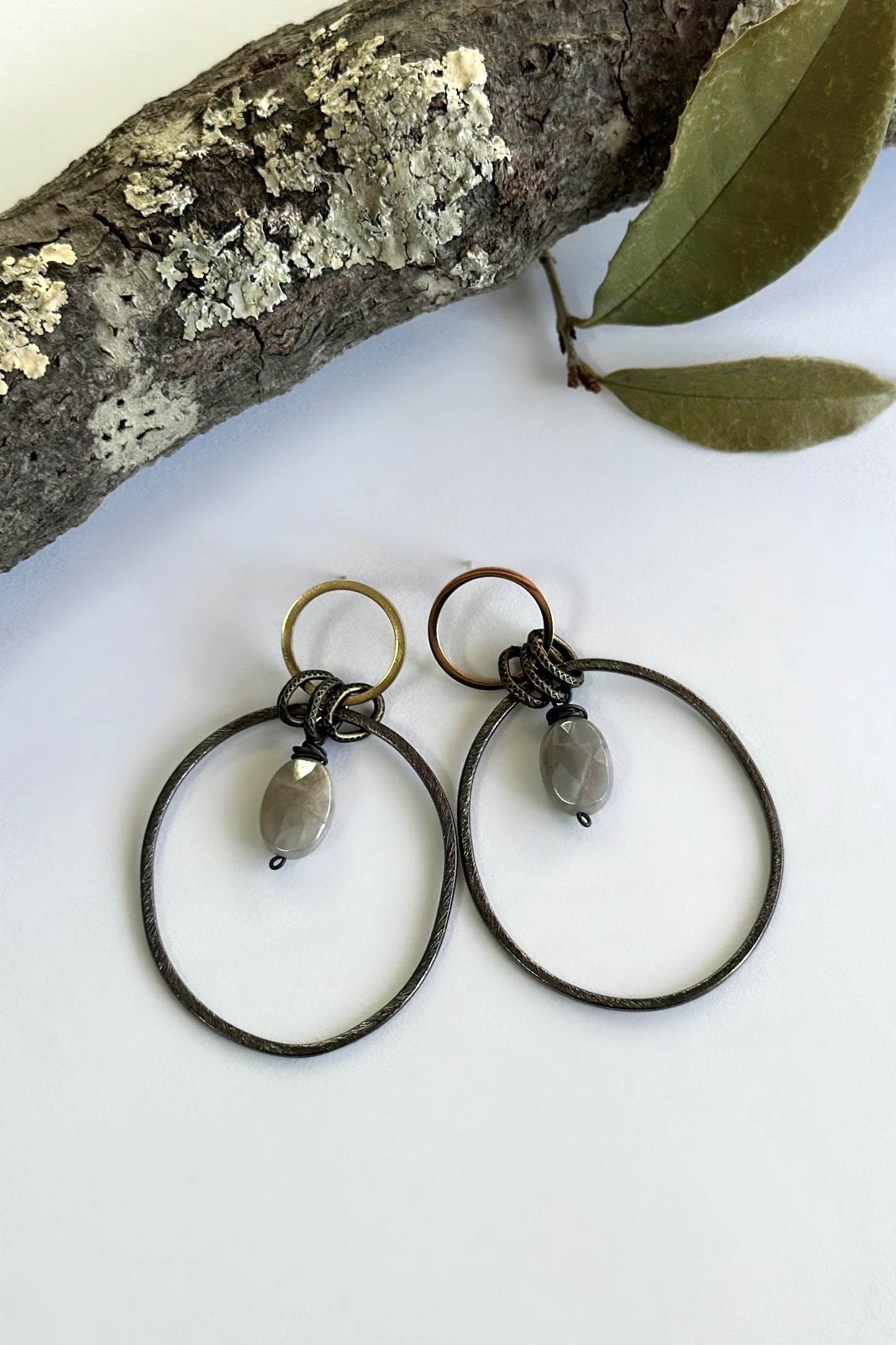 Spirit Lala Boho: 2 Circle Gold & Black Earrings in Labradorite