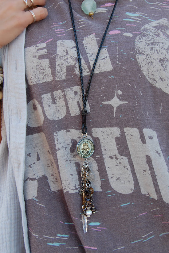 Spirit Lala: Blue Hamsa Leather Drop Necklace