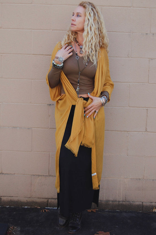 Load image into Gallery viewer, The Hannah Frayed Kimono in Goldenrod
