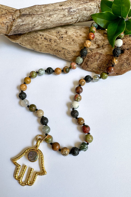 Load image into Gallery viewer, Peace Within Hamsa Stone Necklace - SpiritedBoutiques Boho Hippie Boutique Style Necklace, Spirit lala Gold
