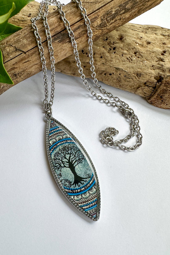 Tree Of Life Dark Blue Marquise Pendant Necklace - SpiritedBoutiques Boho Hippie Boutique Style Necklace, Spirit Lala