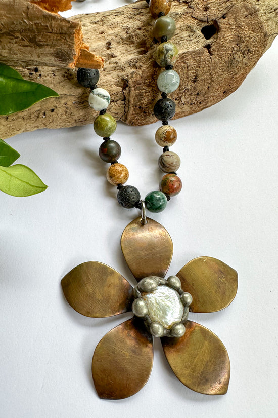 Load image into Gallery viewer, Soldered Flower Bead Drop Necklace - SpiritedBoutiques Boho Hippie Boutique Style Necklace, Spirit La La vintage coin
