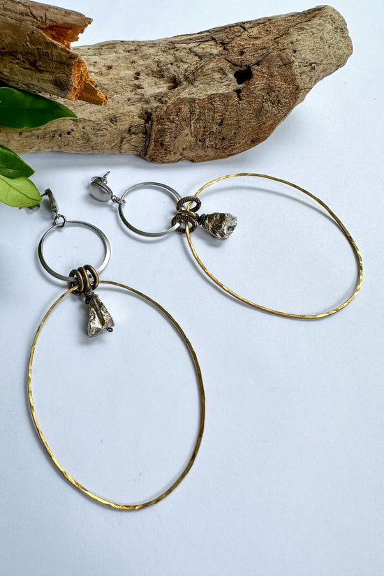 Oval 2 Circle Silver & Gold Earrings in Pyrite - SpiritedBoutiques Boho Hippie Boutique Style Earrings, Spirit Lala Boho