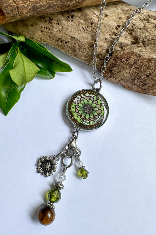 Green & Brown Flower Beaded Pendant Necklace - SpiritedBoutiques Boho Hippie Boutique Style Necklace, Spirit Lala