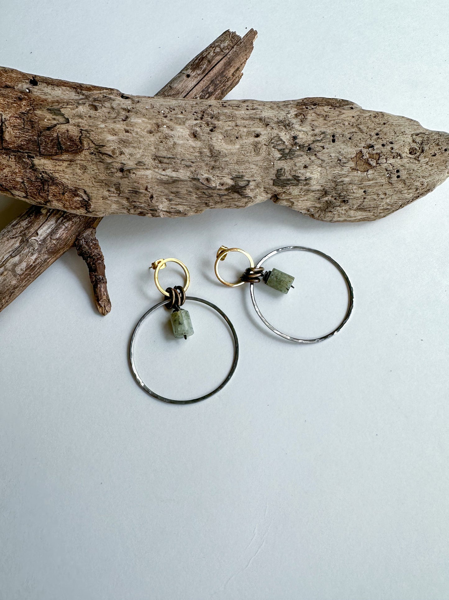 2 Circle Silver & Gold Earrings in Green Jade - SpiritedBoutiques Boho Hippie Boutique Style Earrings, Spirit Lala Boho
