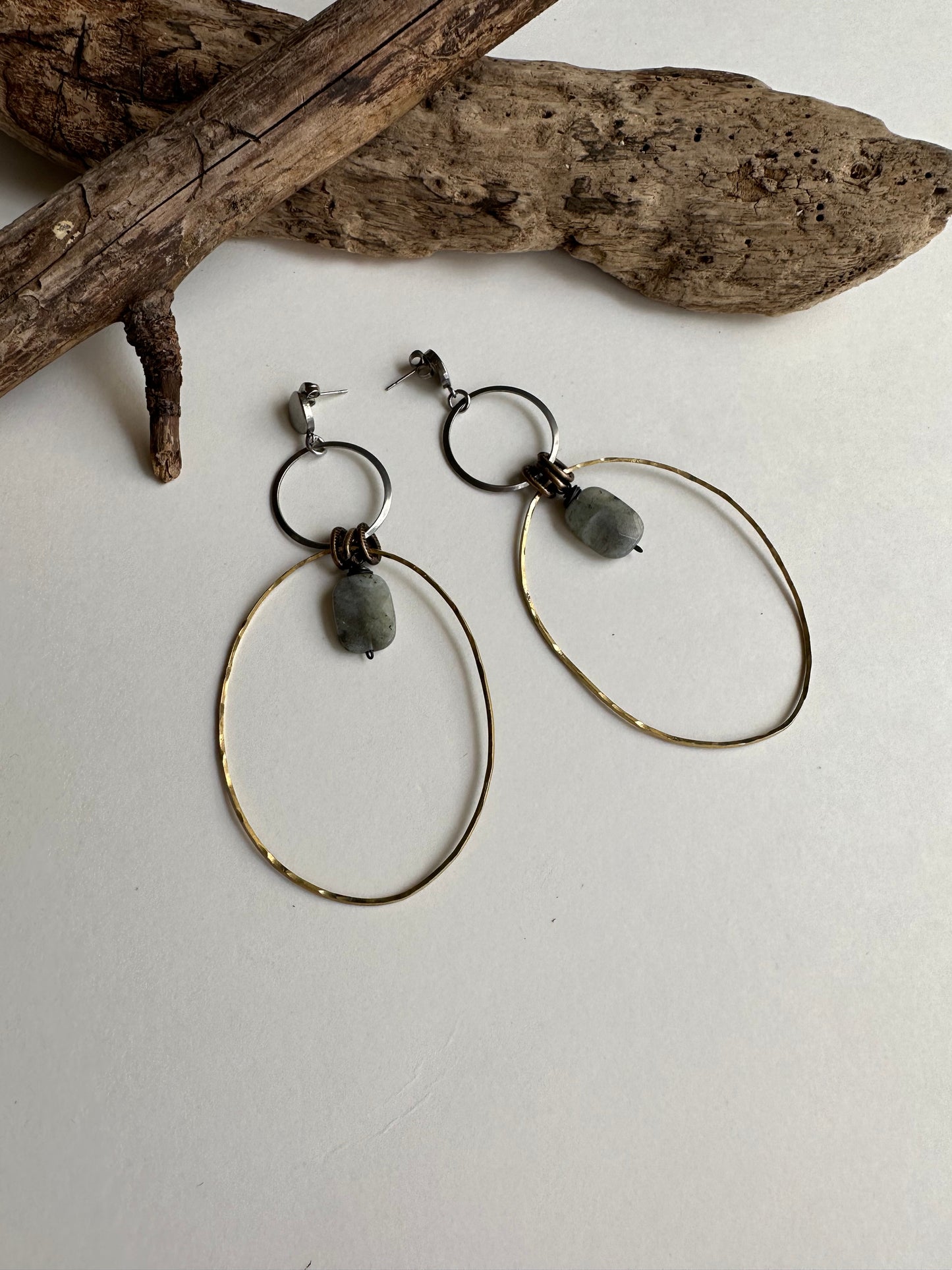 2 Circle Silver & Gold Earrings in Labradorite - SpiritedBoutiques Boho Hippie Boutique Style General, Spirit Lala Boho
