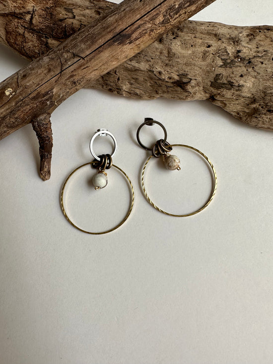 Load image into Gallery viewer, 2 Circle Silver &amp;amp; Gold Earrings in Brown Jasper - SpiritedBoutiques Boho Hippie Boutique Style Earrings, Spirit Lala Boho
