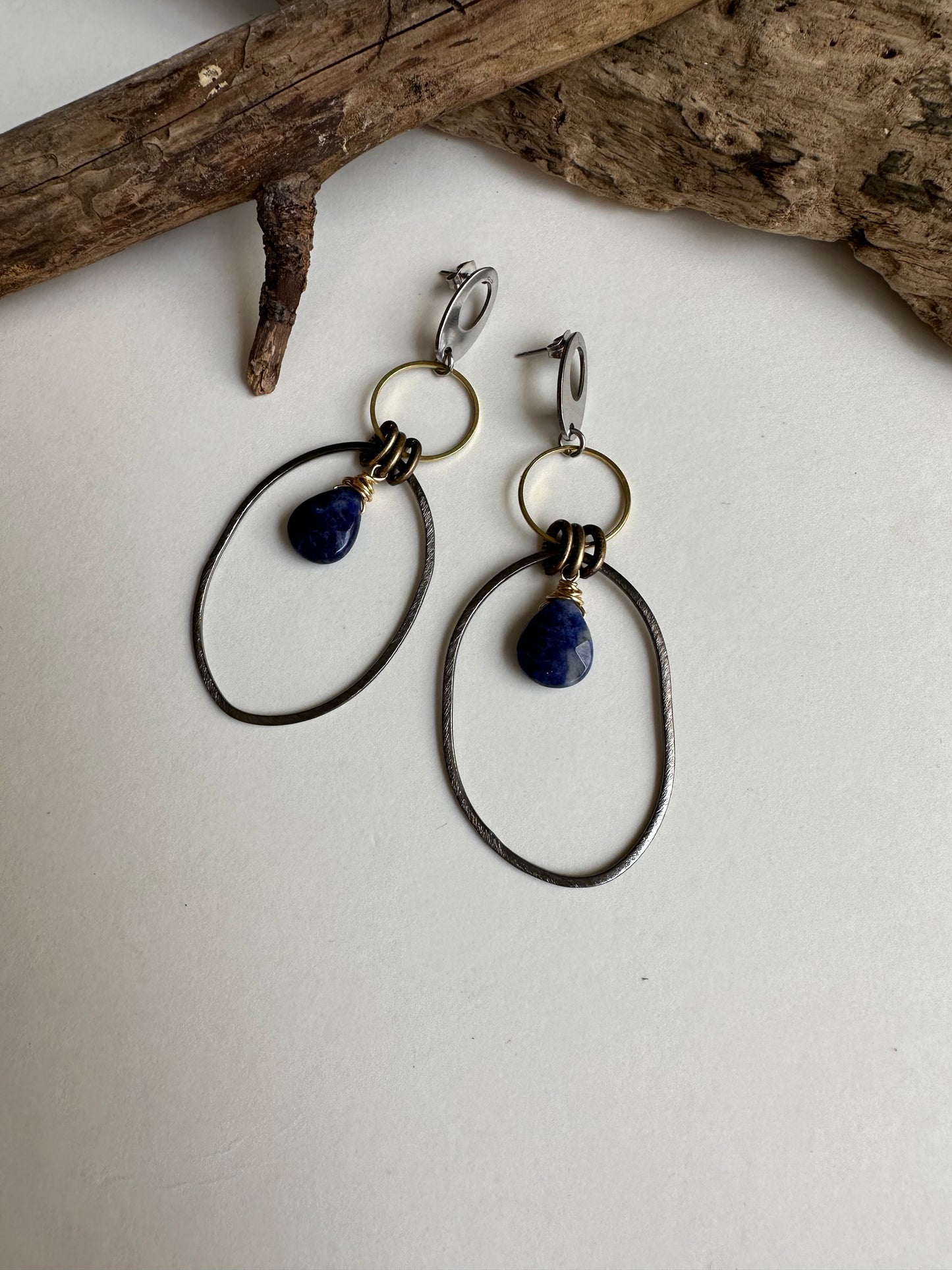Oval Top Gold & Black 2 Circle Earrings in Lapis - SpiritedBoutiques Boho Hippie Boutique Style Earrings, Spirit Lala Boho