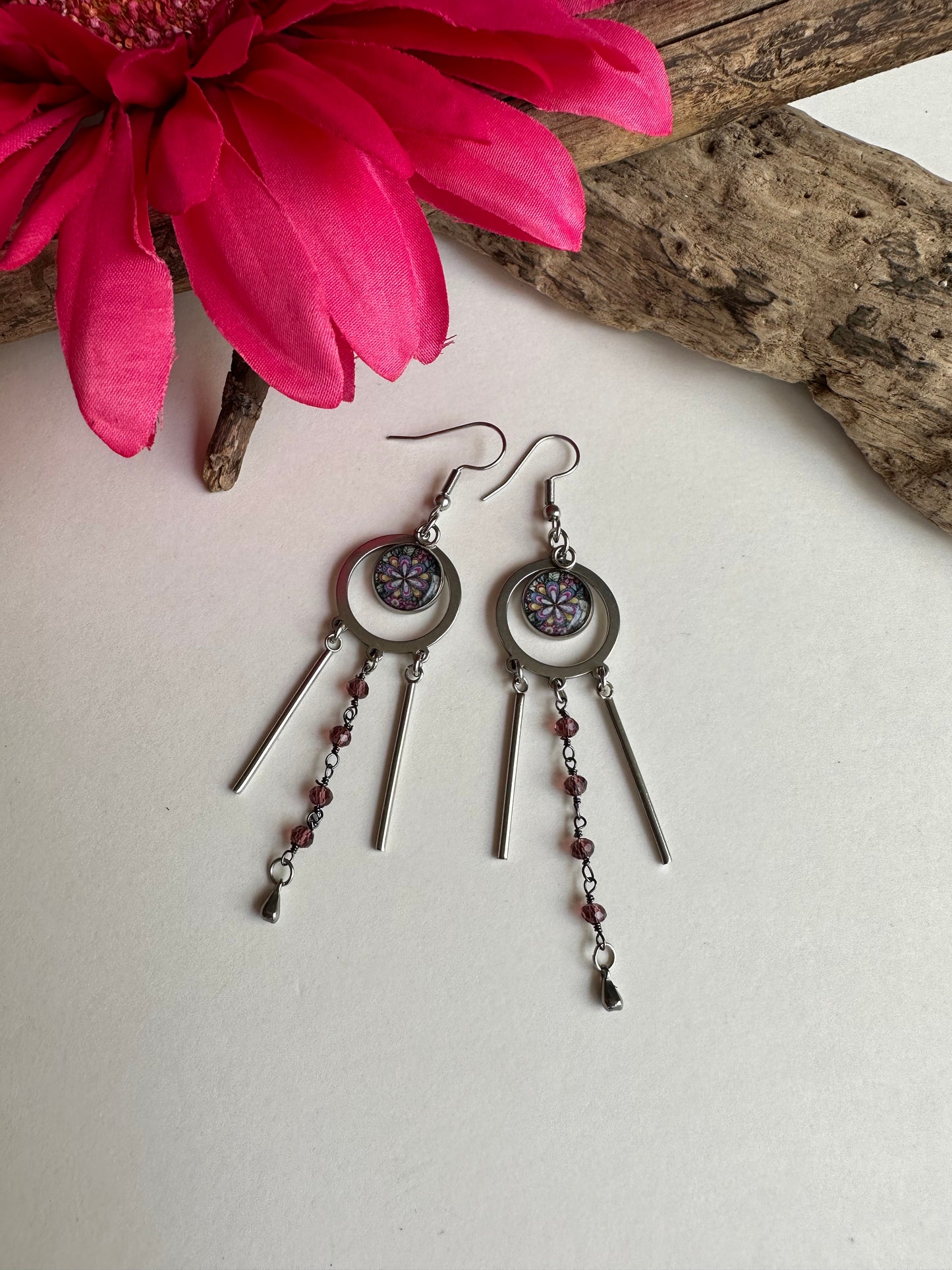 Tri-Drop Statement Earrings in Pink Flower - SpiritedBoutiques Boho Hippie Boutique Style Earrings, Spirit Lala