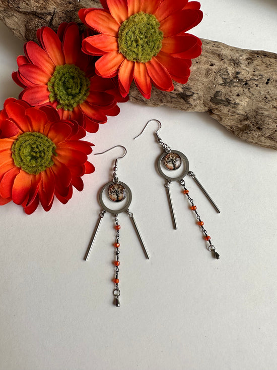Load image into Gallery viewer, Tri-Drop Statement Earrings in Tree of Life Orange - SpiritedBoutiques Boho Hippie Boutique Style Earrings, Spirit Lala
