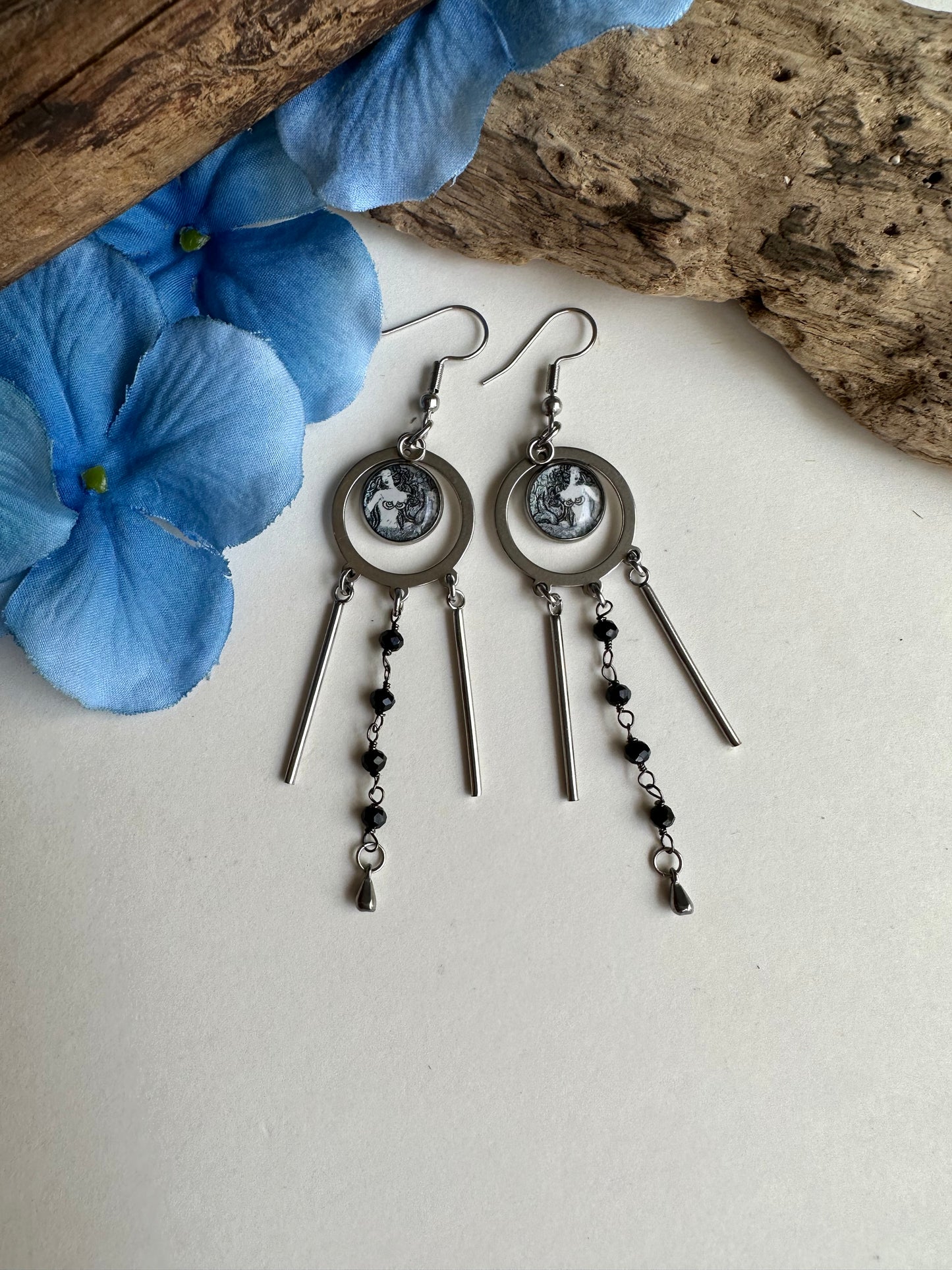 Tri-Drop Statement Earrings in Black Mermaid - SpiritedBoutiques Boho Hippie Boutique Style Earrings, Spirit Lala