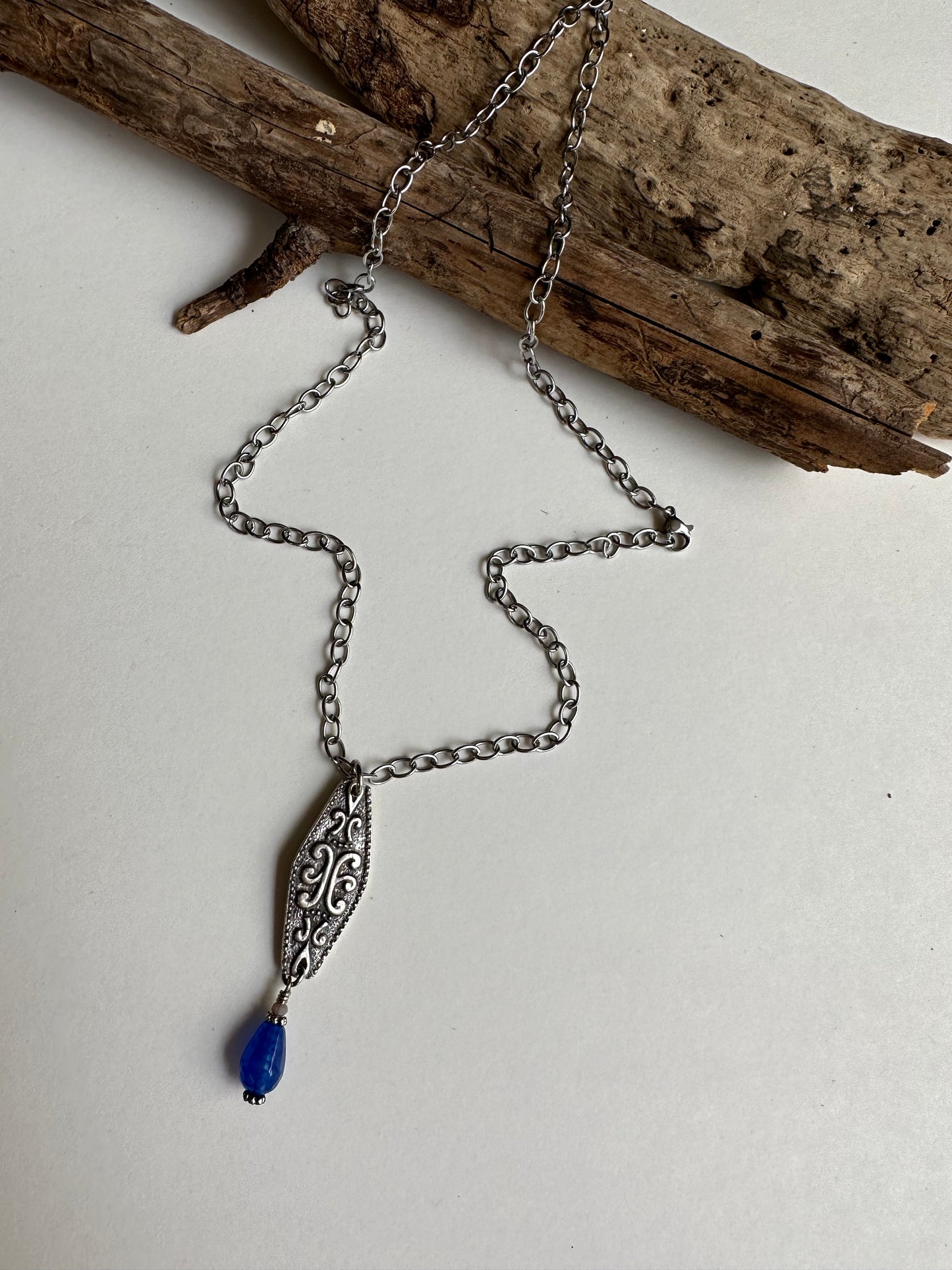 Scroll Diamond Gem Drop Necklace in Lapis - SpiritedBoutiques Boho Hippie Boutique Style Necklace, Spirit Lala Boho