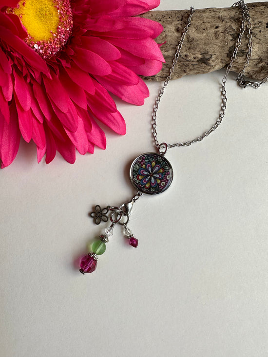 Pink Flower Beaded Pendant Necklace - SpiritedBoutiques Boho Hippie Boutique Style Necklace, Spirit Lala