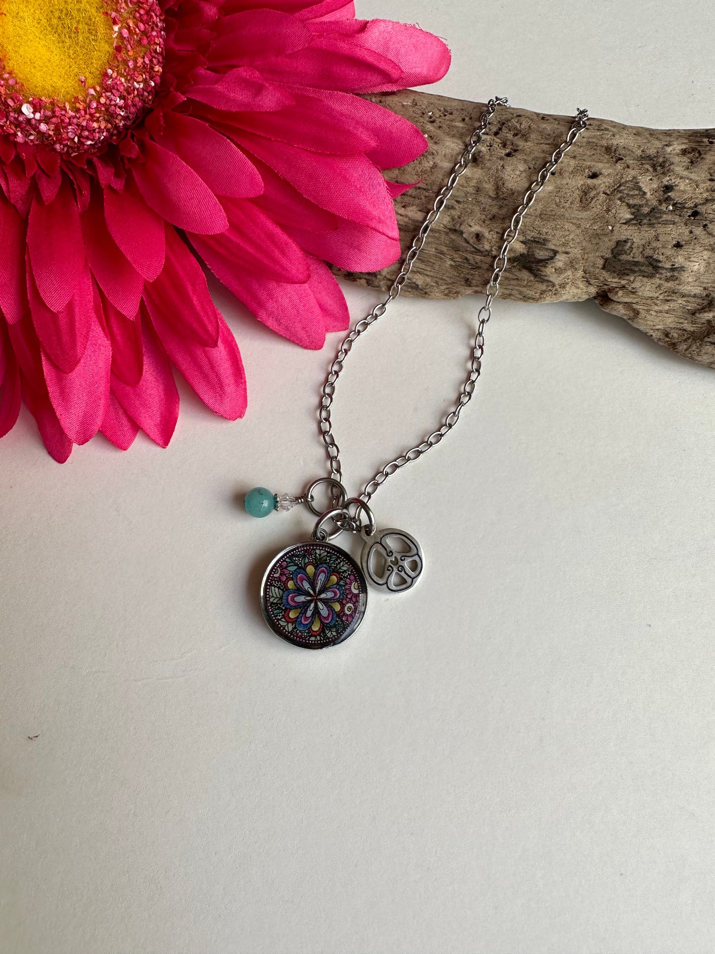 Pink Flower Pendant & Charm Set - SpiritedBoutiques Boho Hippie Boutique Style Necklace, Spirit Lala