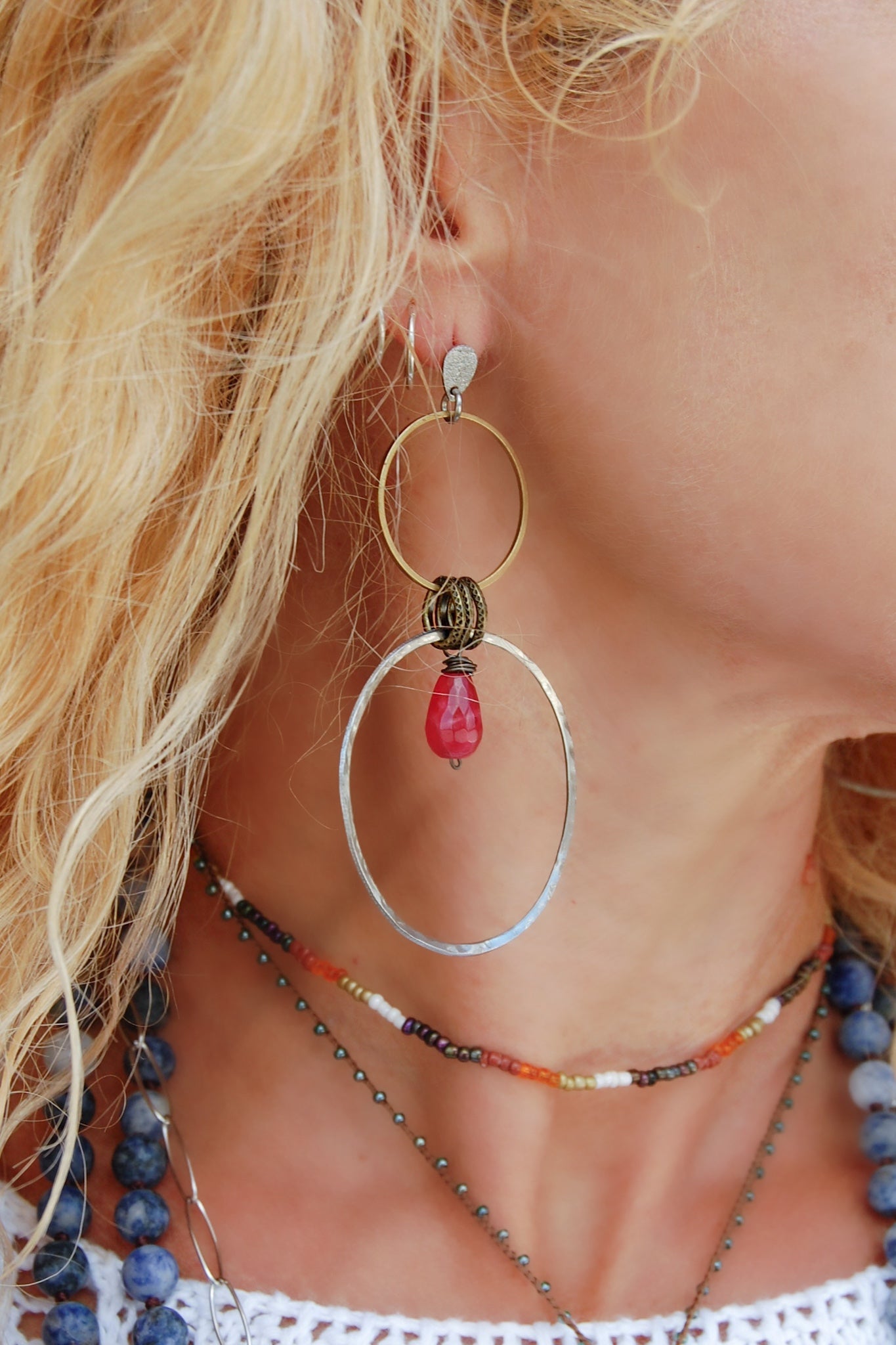 Spirit Lala Boho: Tear 2 Circle Silver & Gold Earrings in Ruby