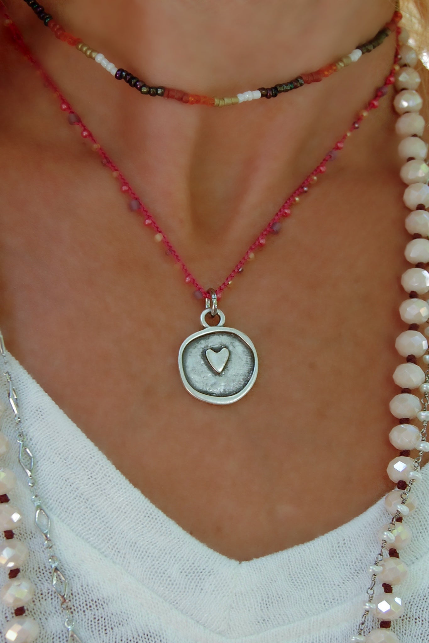 Spirit Lala Boho: Crochet Heart Charm Necklace in Pink